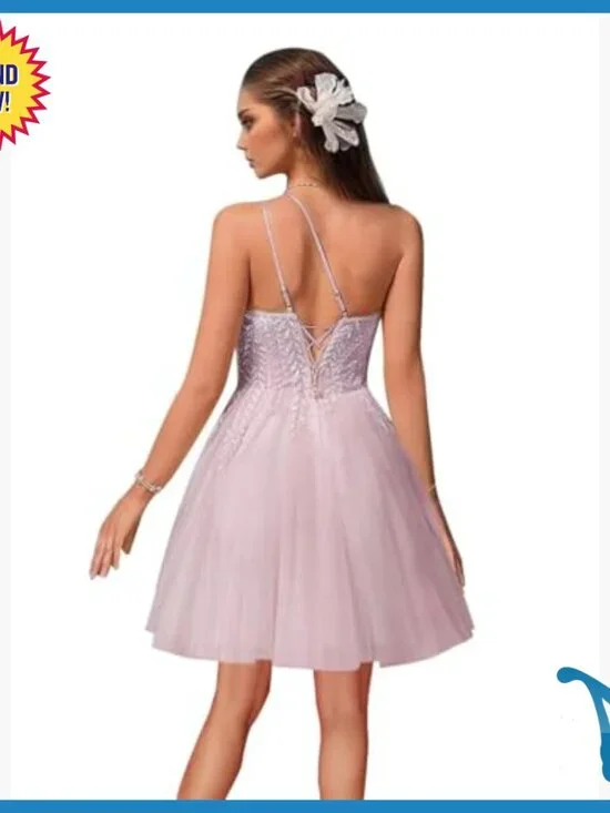 One Shoulder Beaded Tulle Prom Dress with Pockets A Line Formal - Picture 2 of 7